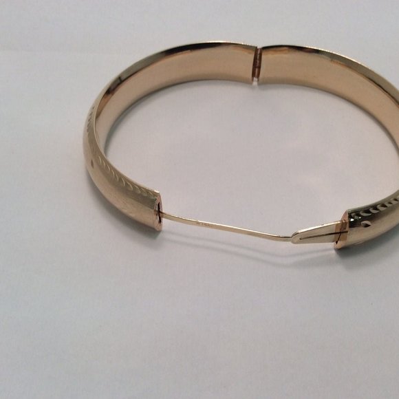 14K YELLOW Real Solid GOLD HINGED SATIN BANGLE W/WHEAT CARVINGS Bracelet 20.3gr - Picture 3 of 7
